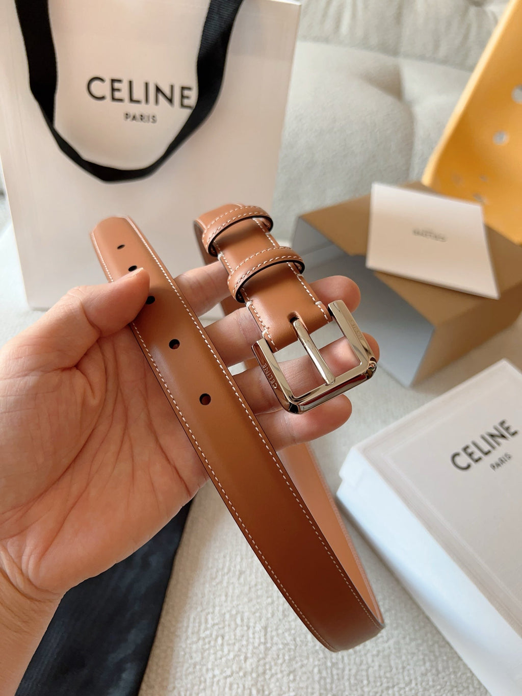 CELINE 25S BELT 25MM IN BROWN CALFSKIN SILVER HARDWARE 561793
