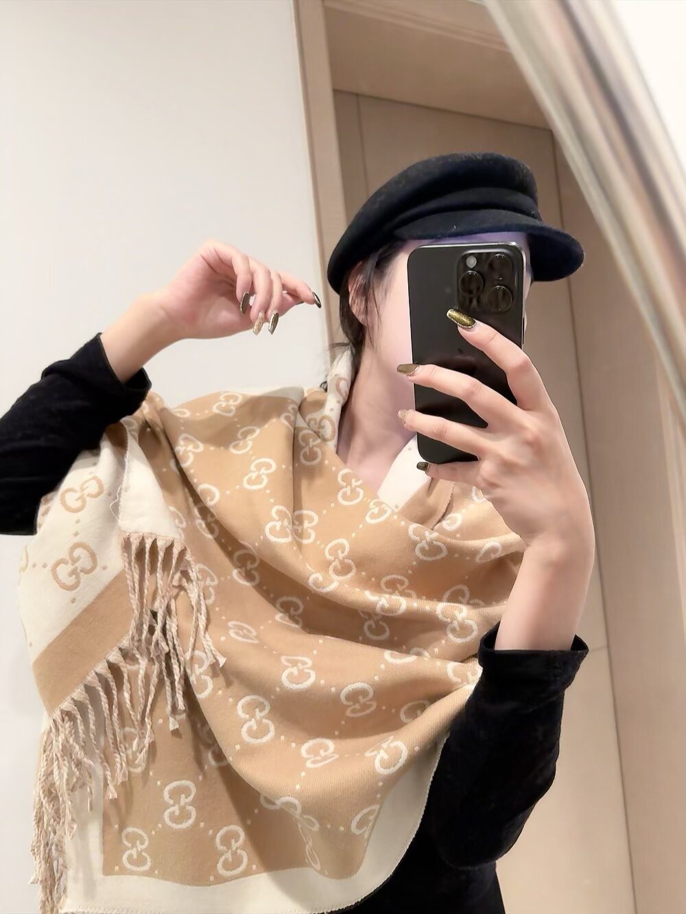 Gucci Black & Beige Fringed Shawl