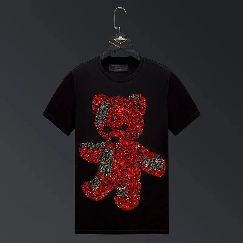 2024 Cartoon Bear Rhinestone T-Shirts - Short Sleeve Fashion Streetwear, Crew Neck Slim Cotton, Plus Size 6X