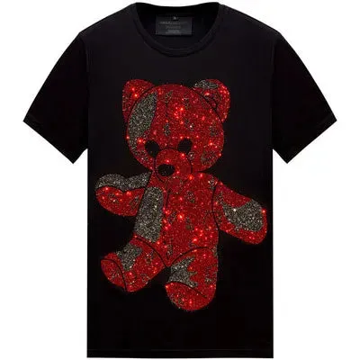 2024 Cartoon Bear Rhinestone T-Shirts - Short Sleeve Fashion Streetwear, Crew Neck Slim Cotton, Plus Size 6X