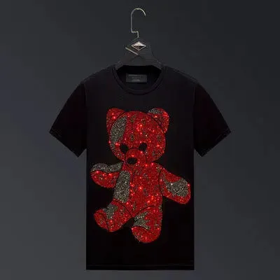 2024 Cartoon Bear Rhinestone T-Shirts - Short Sleeve Fashion Streetwear, Crew Neck Slim Cotton, Plus Size 6X