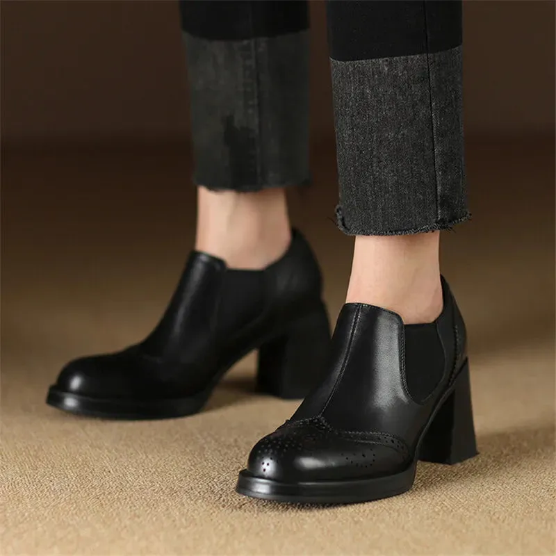 Amozae-2024 New Spring Genuine Leather Women Shoes Round Toe Women Pumps Brogue Designs Shoes for Women High Heel Loafers Ladies Shoes