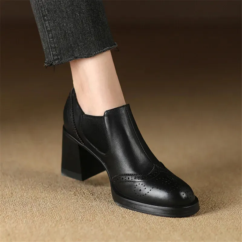 Amozae-2024 New Spring Genuine Leather Women Shoes Round Toe Women Pumps Brogue Designs Shoes for Women High Heel Loafers Ladies Shoes