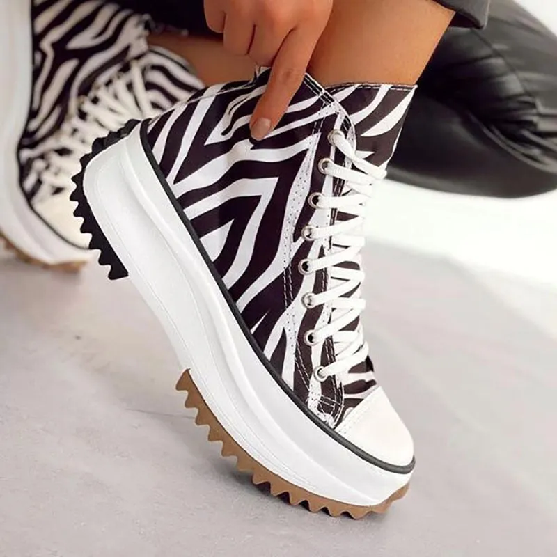 Amozae-Autumn Women Canvas Shoes Comfort Platform High Top Female Casual Sneakers Fashion Zebra Pattern Lace Up Lady Sports Shoes