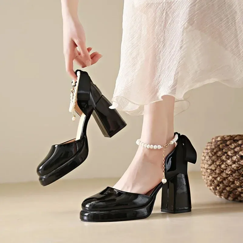 Amozae-Chunky High Heels Women Pumps Bow Tie Thick Heel Lolita Shoe Ladies Patent Leather Cosplay Shoes Pearl Chains Platform Mary Jane