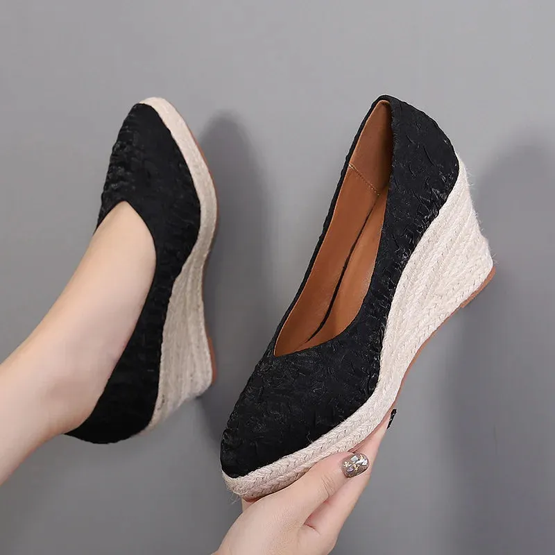 Amozae-Fashion High Heels Women Wedges Shoes Elegant Ladies Party Shoes Brand Women Pumps Retro Woven Twine Heel 8cm Slope Heel Shoes