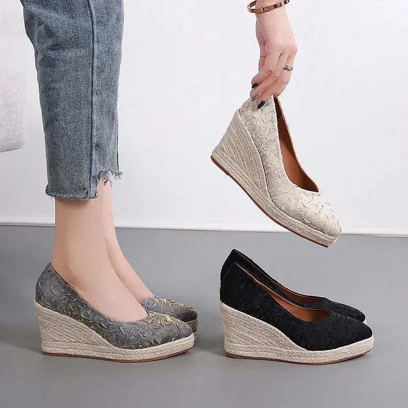 Amozae-Fashion High Heels Women Wedges Shoes Elegant Ladies Party Shoes Brand Women Pumps Retro Woven Twine Heel 8cm Slope Heel Shoes