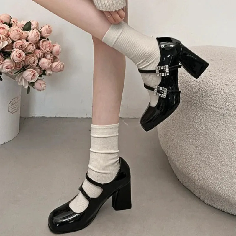 Amozae-High Heeled Mary Jane Shoes Round Head Chunky Heel Sandals Women Patent Leather Rhinestone Belt Buckle Platform Mary Janes Pumps