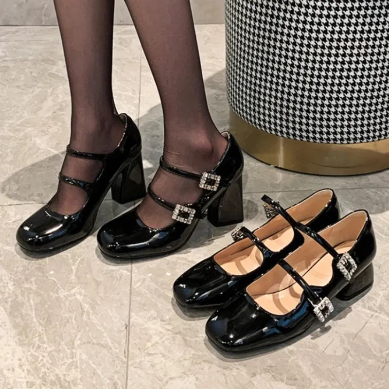 Amozae-High Heeled Mary Jane Shoes Round Head Chunky Heel Sandals Women Patent Leather Rhinestone Belt Buckle Platform Mary Janes Pumps