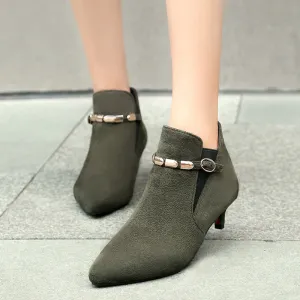 Amozae Low Heel Ankle Boots Shoes Woman Boots Fashion Pointed Toe Flock Short Boot Buckle Female Footwear Red Green Large Size 46 48