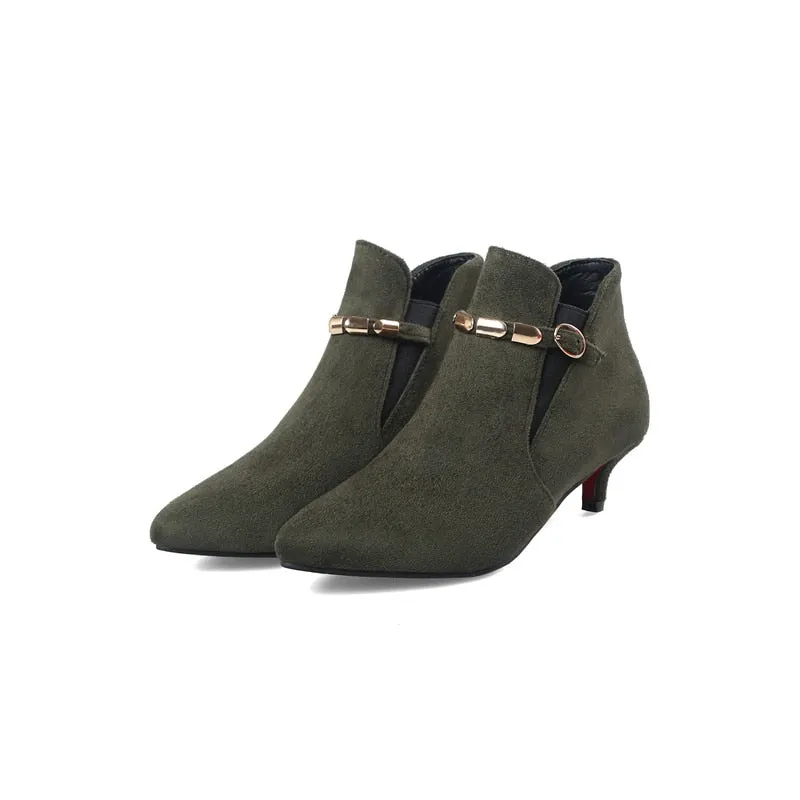 Amozae Low Heel Ankle Boots Shoes Woman Boots Fashion Pointed Toe Flock Short Boot Buckle Female Footwear Red Green Large Size 46 48