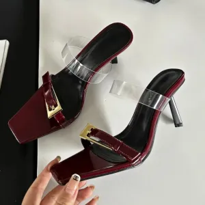 Amozae-Square Head Transparent High Heels Women Open Toe Stiletto Heel Sandals Metal Buckle Sexy Designer Party Heeled Slippers Women