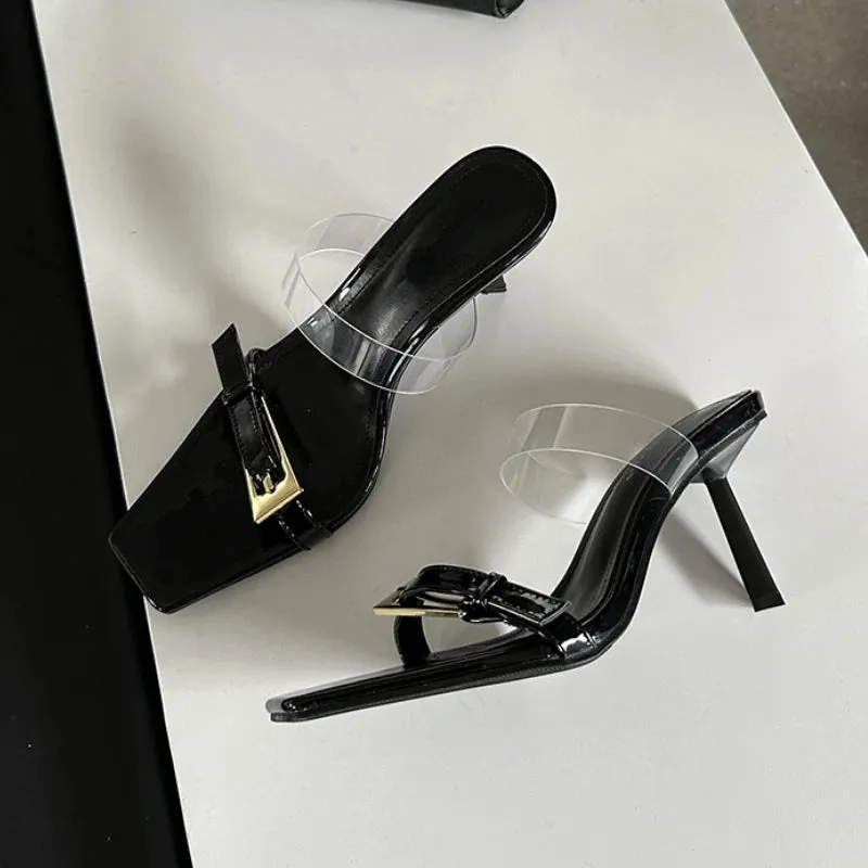 Amozae-Square Head Transparent High Heels Women Open Toe Stiletto Heel Sandals Metal Buckle Sexy Designer Party Heeled Slippers Women