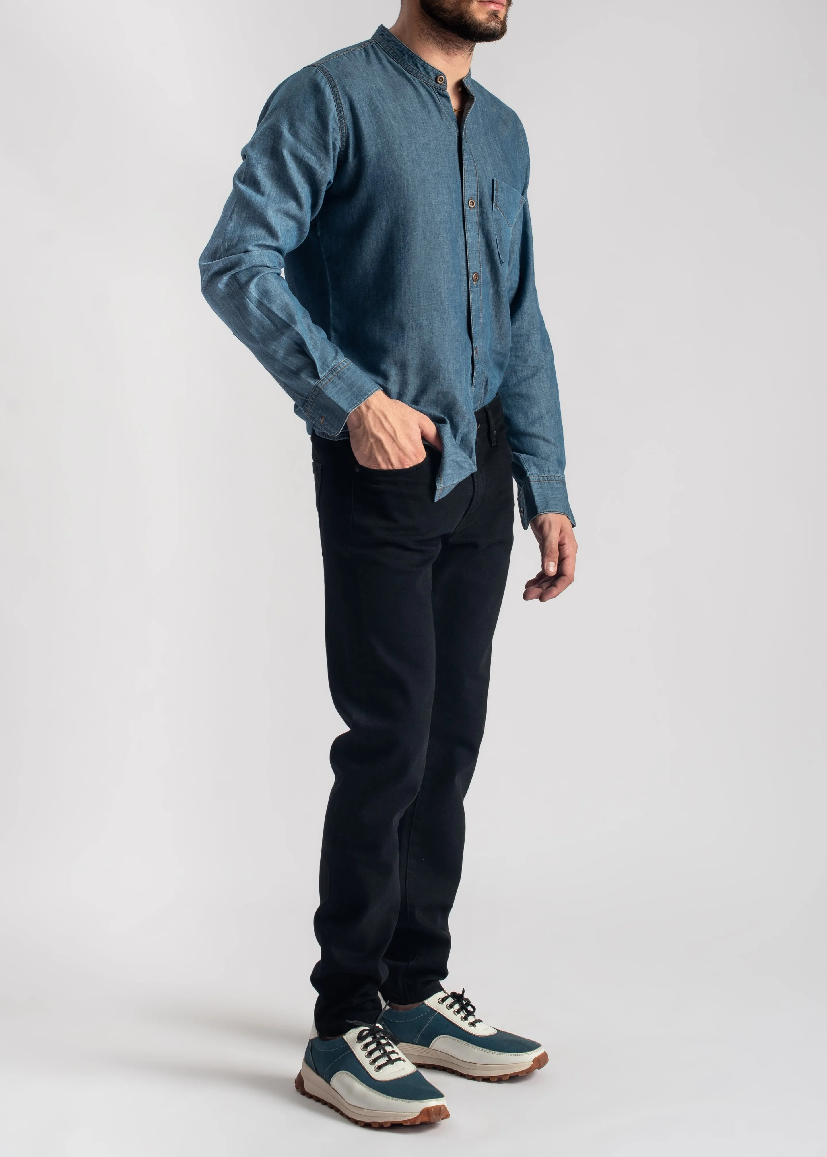 Blue Denim Shirt-Kurta Collar