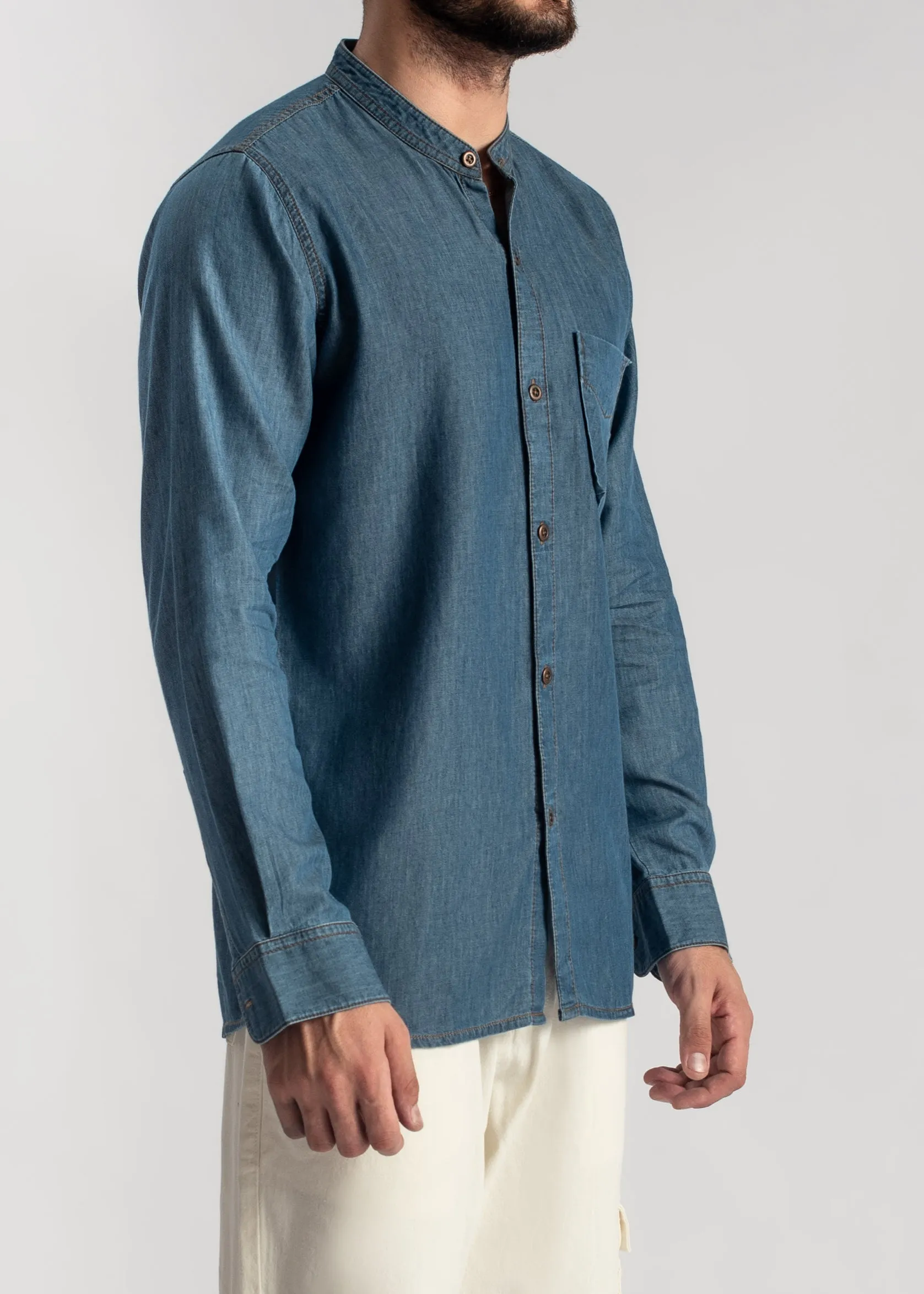 Blue Denim Shirt-Kurta Collar