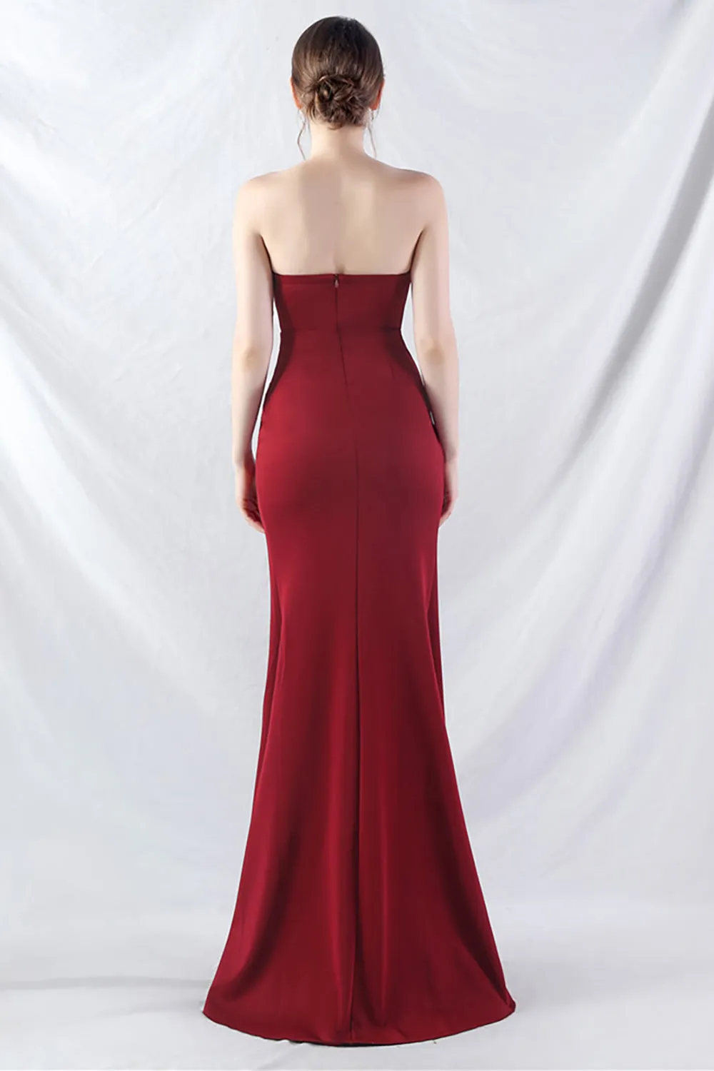 Burgundy Ruched Corset Strapless Mermaid Maxi Dress with Slit