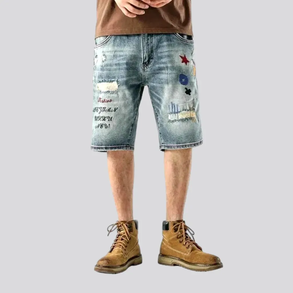 Embroidered whiskered jeans shorts for men