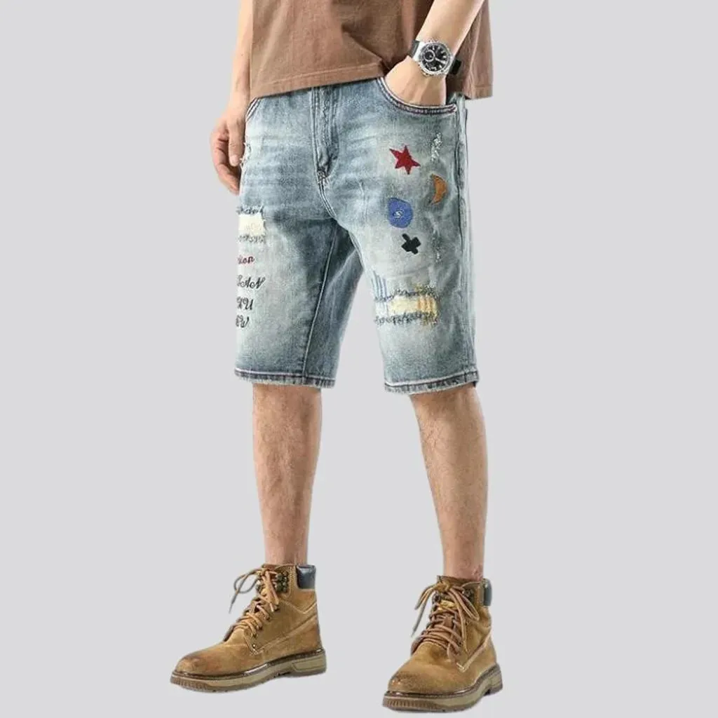 Embroidered whiskered jeans shorts for men