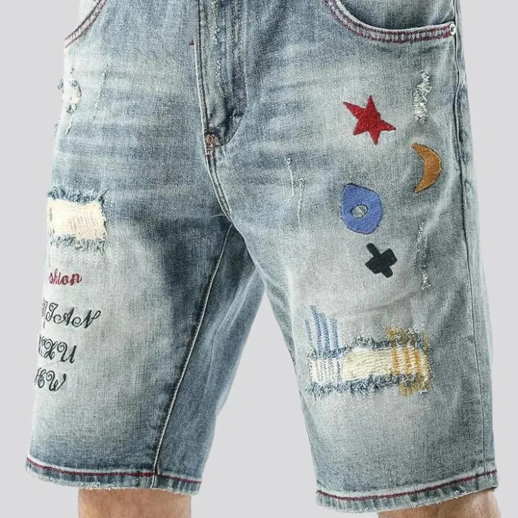 Embroidered whiskered jeans shorts for men