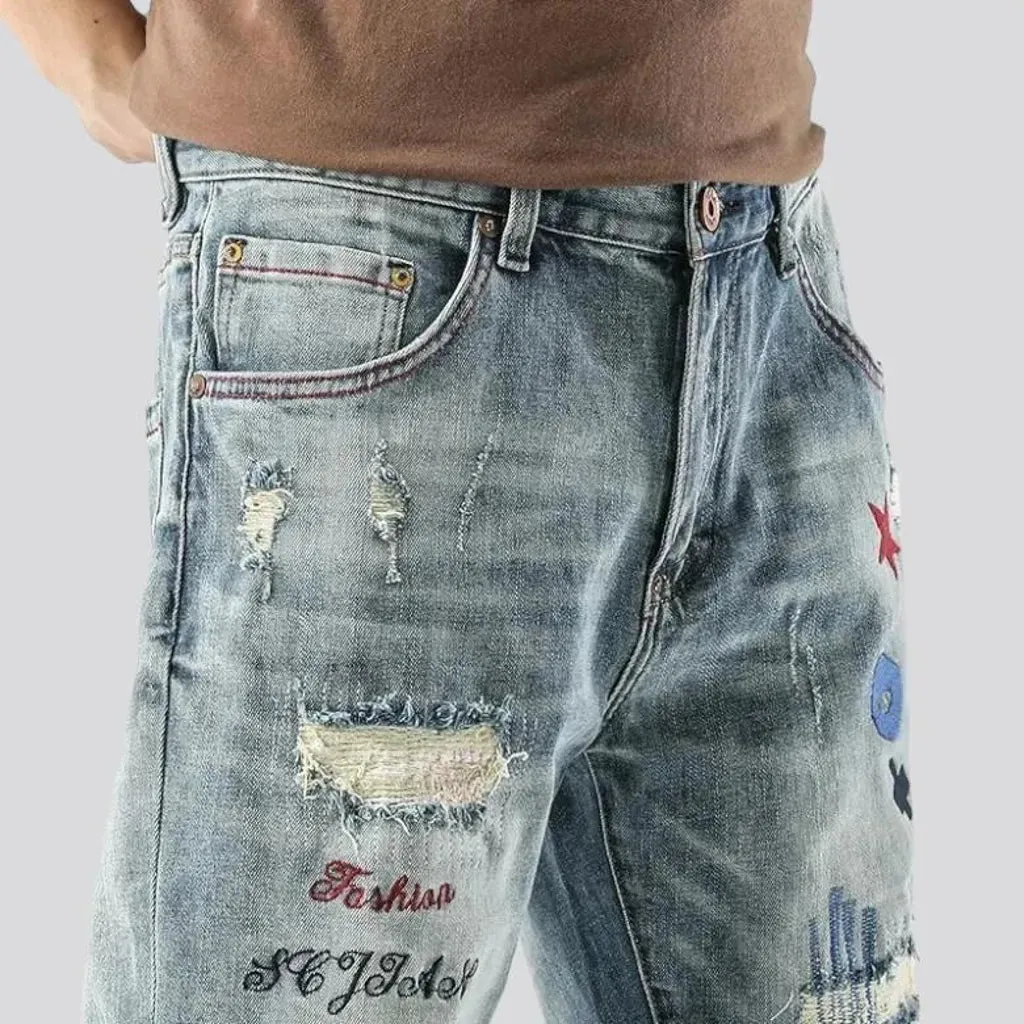 Embroidered whiskered jeans shorts for men