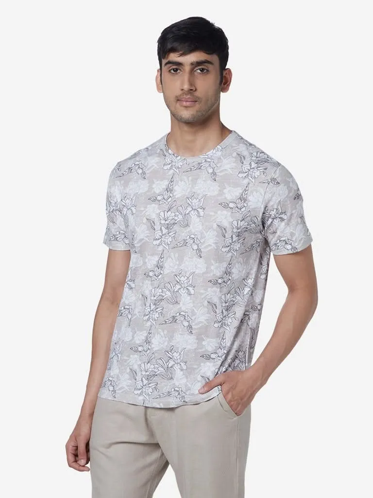 ETA Beige Floral Design Slim Fit T-Shirt