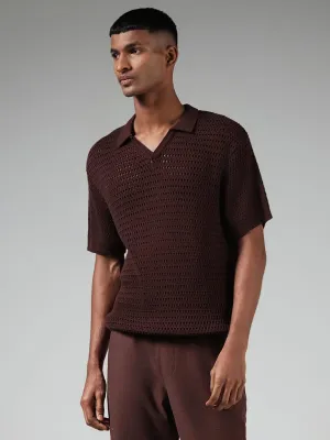 ETA Brown Knitted Mesh Slim-Fit T-Shirt