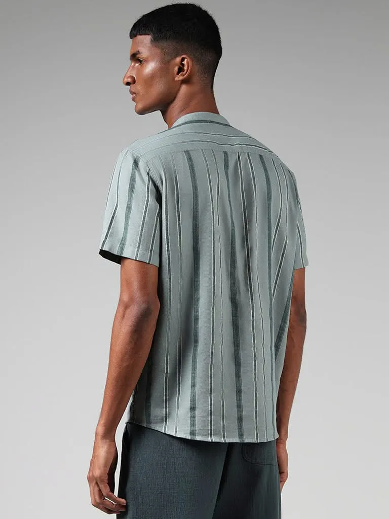 ETA Light Teal Self Striped Cotton Resort-Fit Shirt