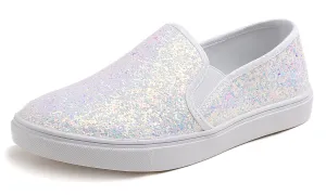 Feversole Women's Glitter White Slip On Sneaker Casual Flat Loafers