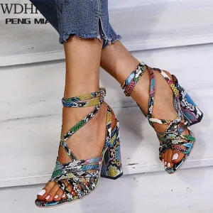 Gladiator Sandals Woman Summer Vintage Snakeskin Women Lace ladies Shoes Peep Open Toe Sandals Pumps   Plus Shoes Size 34-43