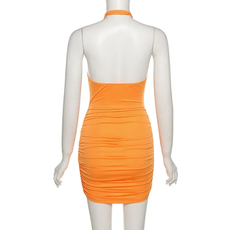 Halter Ruched Bodycon Dress Cut Out Backless Sexy Summer Mini Party Night Club Dress