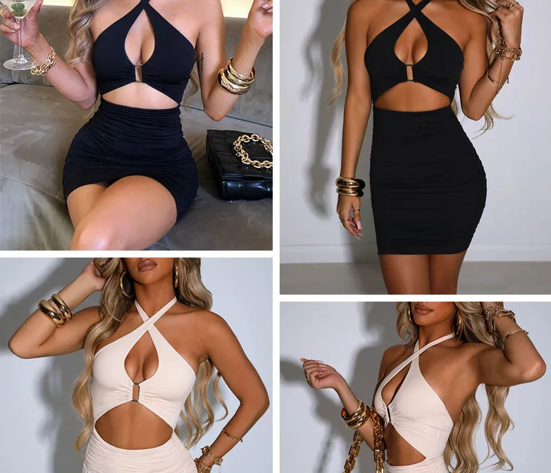 Halter Ruched Bodycon Dress Cut Out Backless Sexy Summer Mini Party Night Club Dress