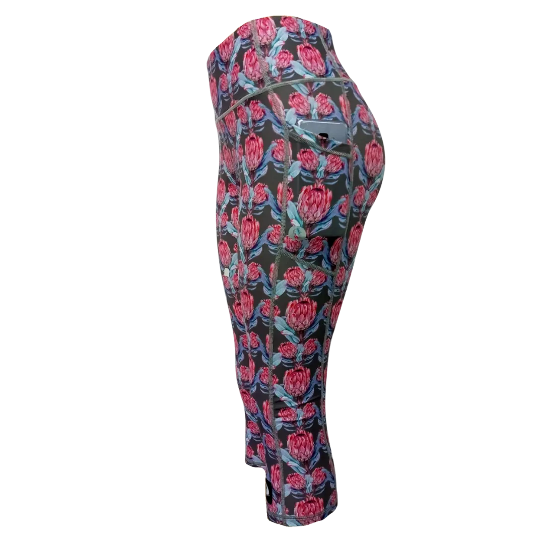 High Waist Funky 3/4 Leggings - Pink Protea