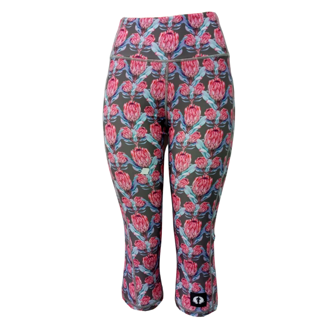 High Waist Funky 3/4 Leggings - Pink Protea