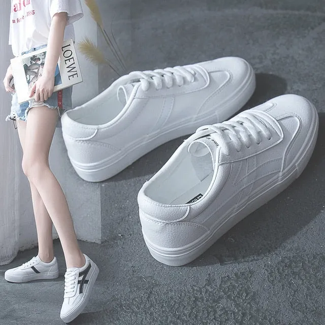 HOT Women Sneakers 2020 Fashion Breathble Vulcanized Shoes Women Pu leather Platform Shoes Women Lace up Casual Shoes White