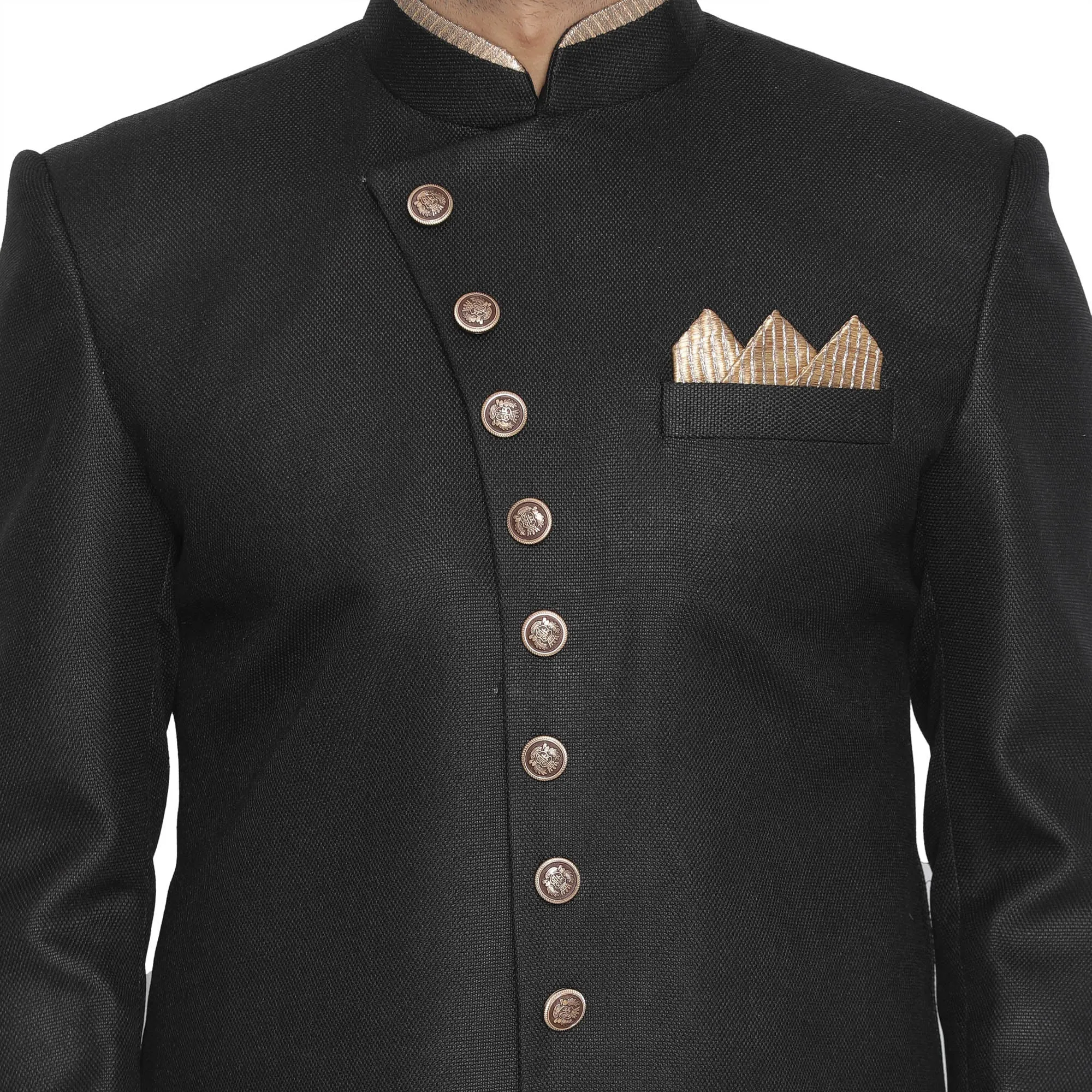 Jashvi Men's Black Jute Cotton Blend Sherwani Set