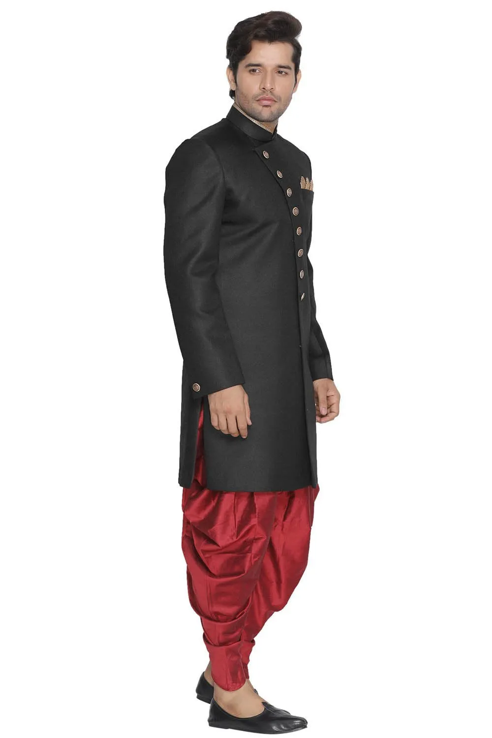 Jashvi Men's Black Jute Cotton Blend Sherwani Set