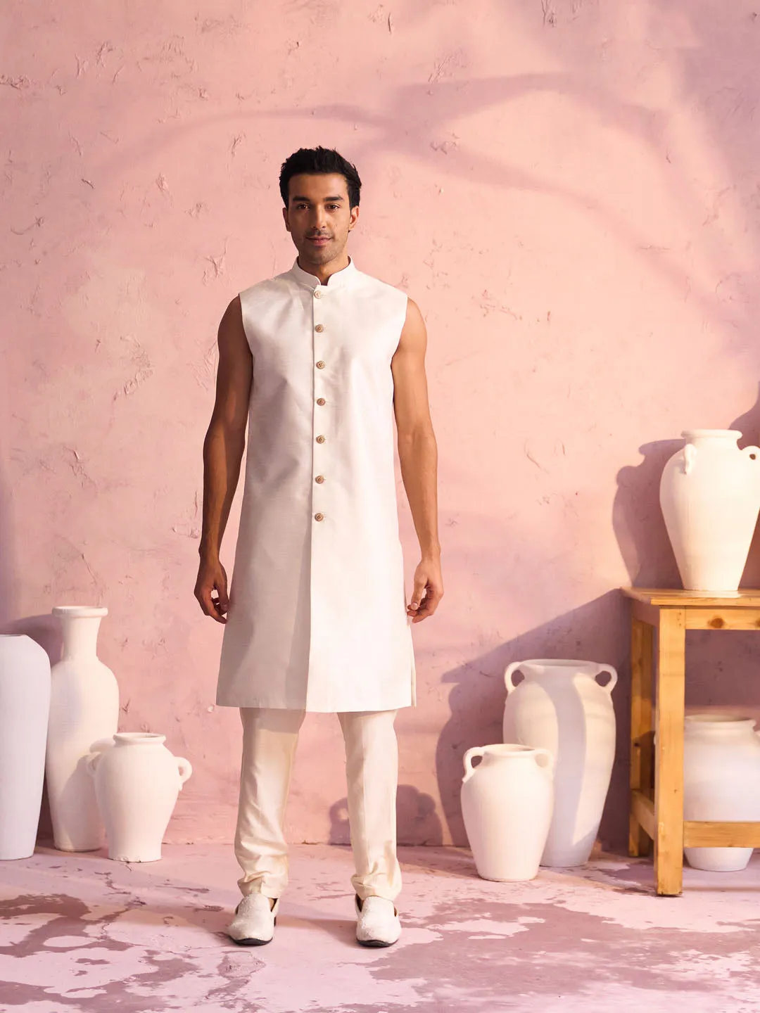 Jashvi Men's Cream Schiffli Worked With Sequin Detailing Indo With Sleeveless Kurta Pant Set