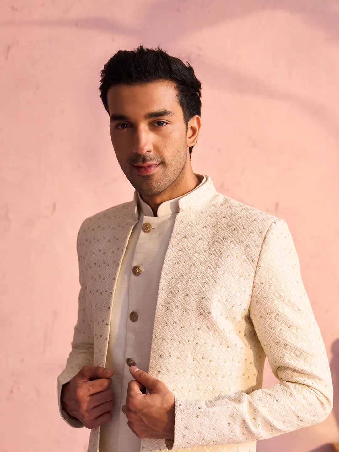 Jashvi Men's Cream Schiffli Worked With Sequin Detailing Indo With Sleeveless Kurta Pant Set