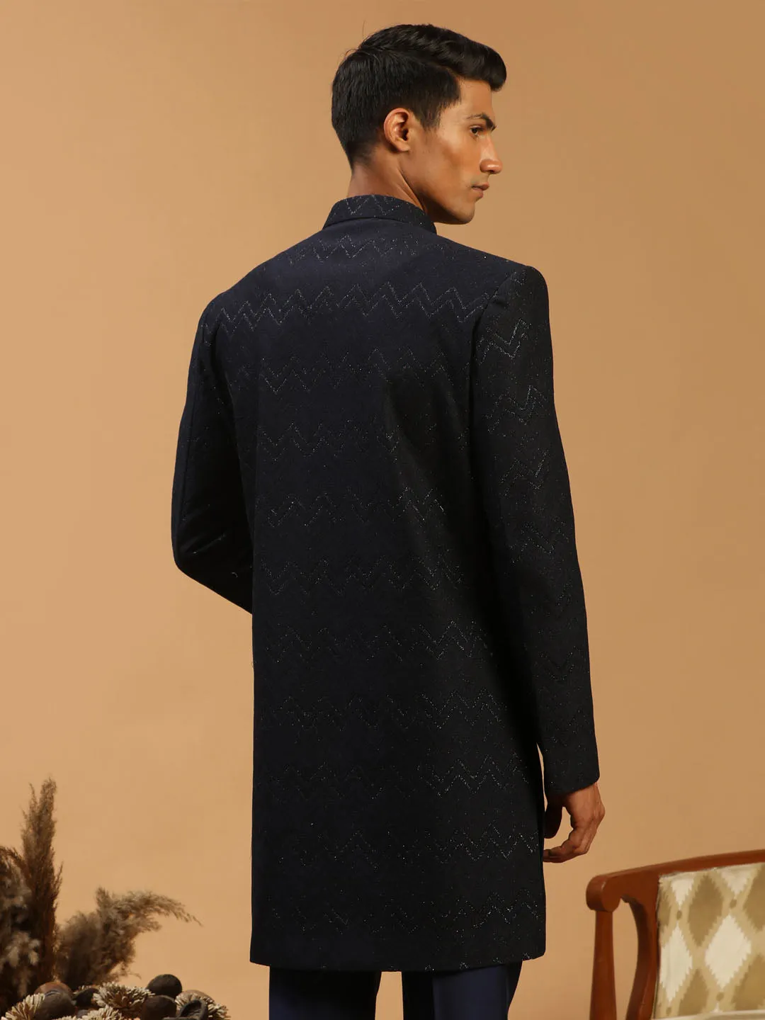 Jashvi Men's Navy Blue Glitter Indo Western Sherwani Only Top