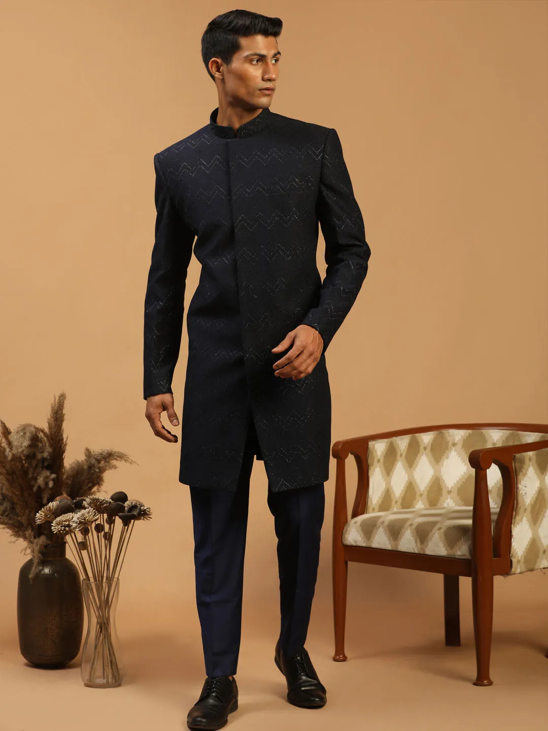 Jashvi Men's Navy Blue Glitter Indo Western Sherwani Only Top