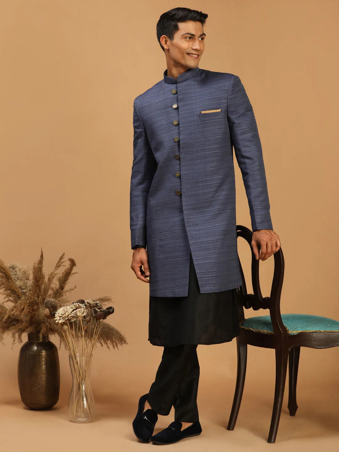 Jashvi Men's Navy Blue Sherwani With Black Kurta Pant Set