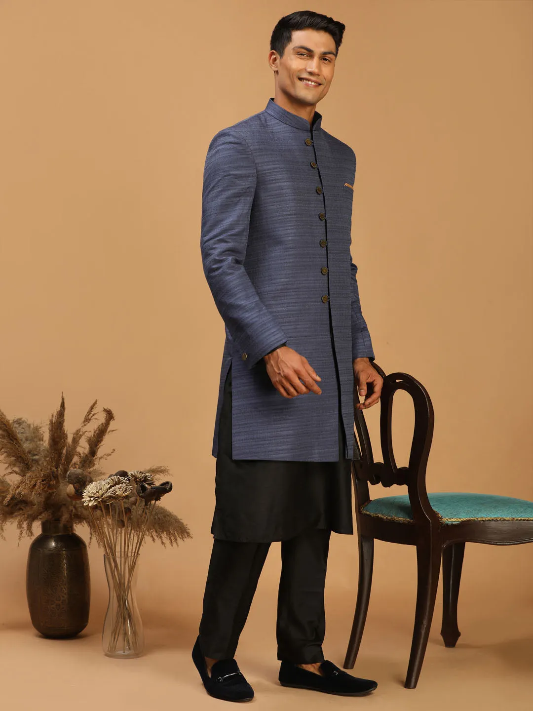 Jashvi Men's Navy Blue Sherwani With Black Kurta Pant Set