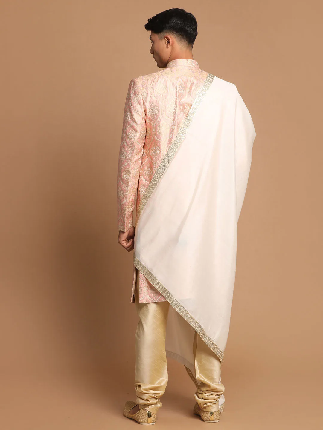 Jashvi Men's Pink And Gold Silk Blend Sherwani Set With Cream Colour Dupatta