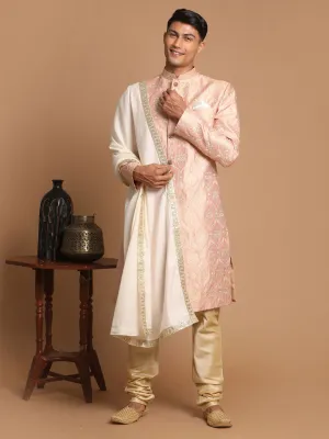 Jashvi Men's Pink And Gold Silk Blend Sherwani Set With Cream Colour Dupatta