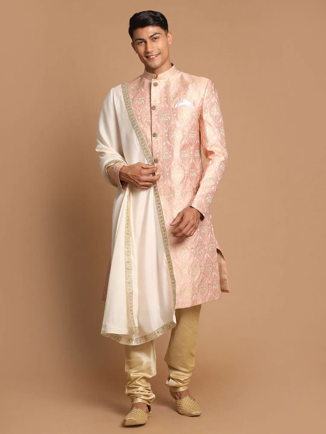 Jashvi Men's Pink And Gold Silk Blend Sherwani Set With Cream Colour Dupatta