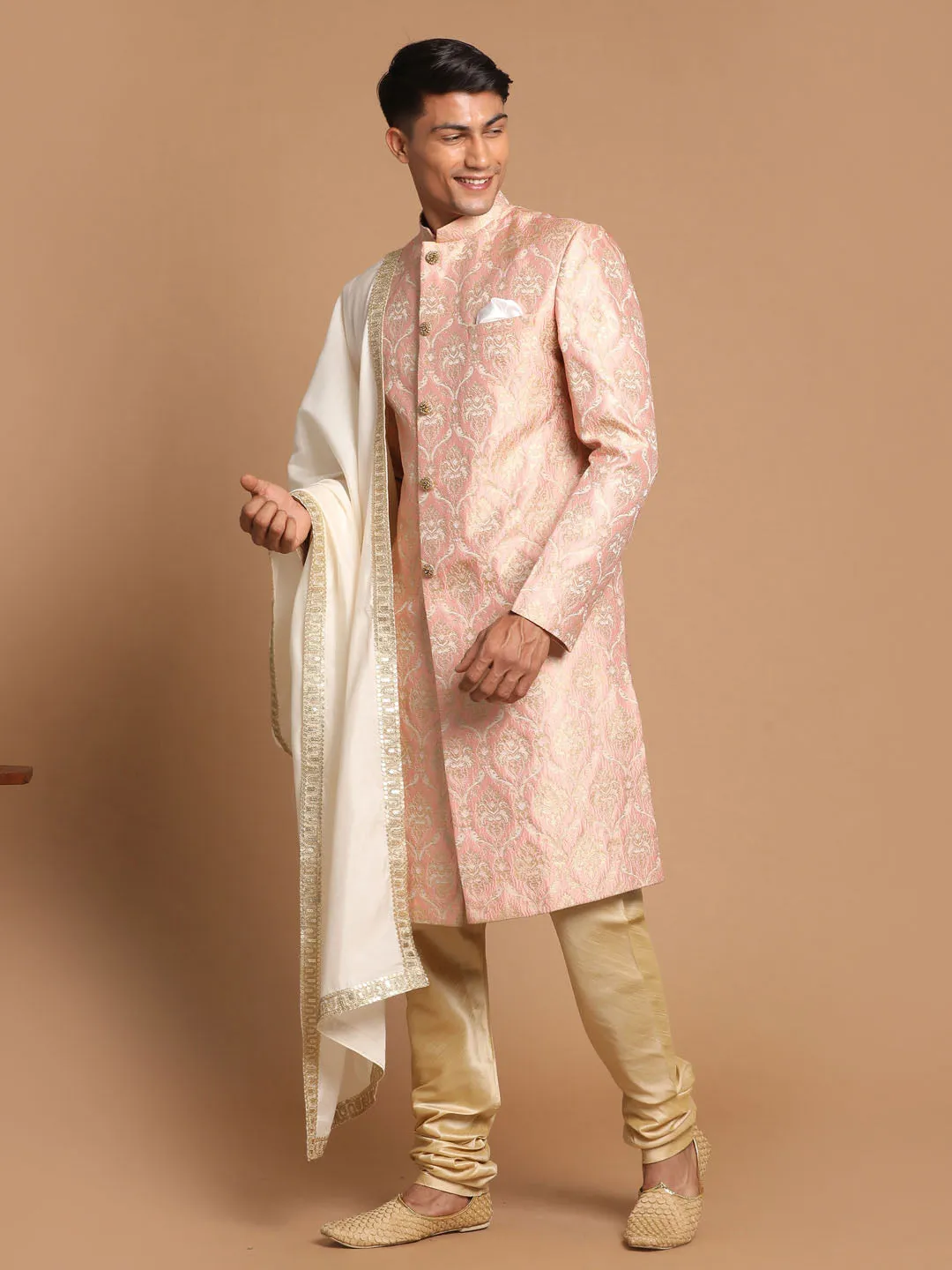 Jashvi Men's Pink And Gold Silk Blend Sherwani Set With Cream Colour Dupatta