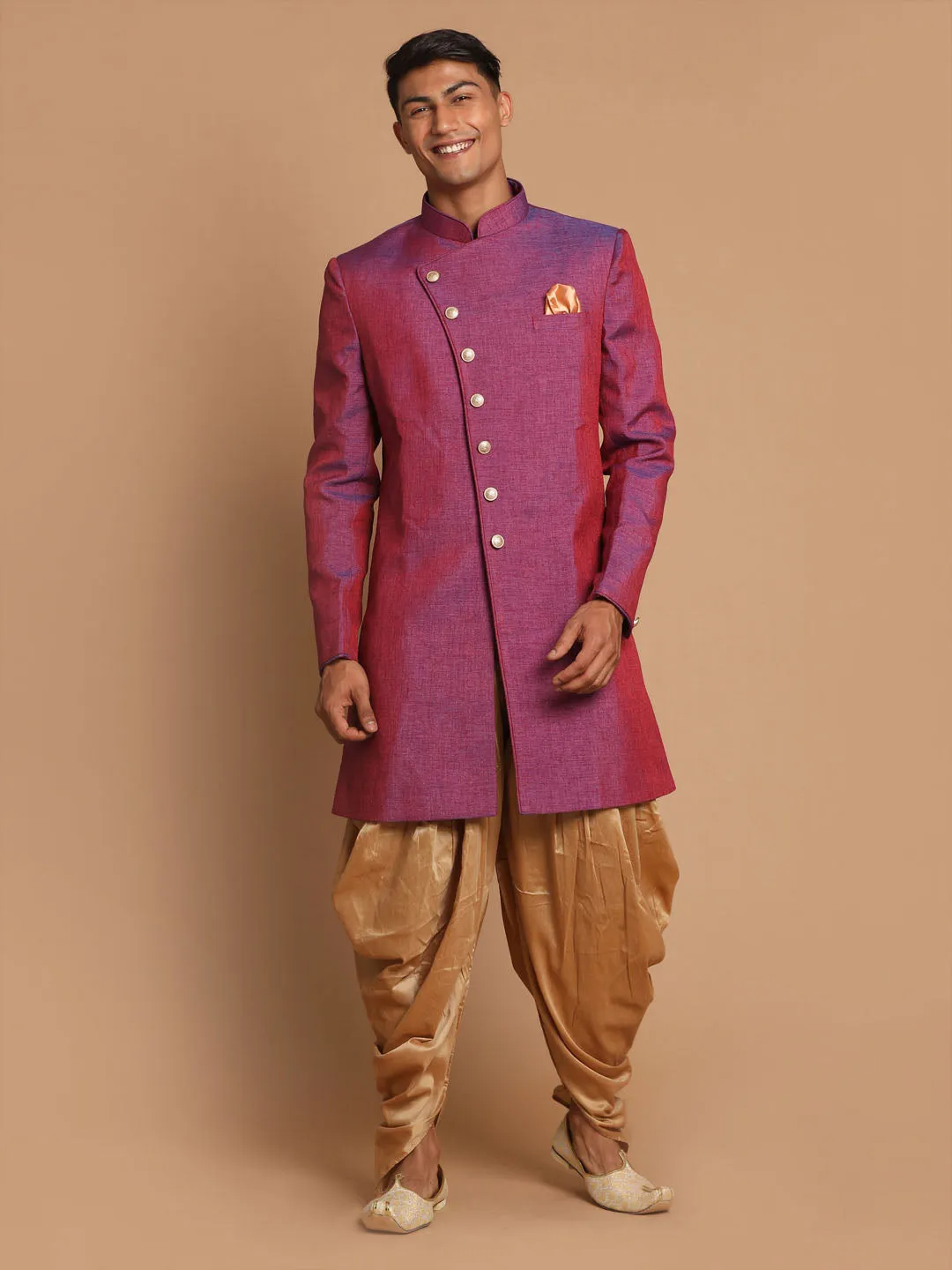 Jashvi Men's Purple And Rose Gold Jute Sherwani Set