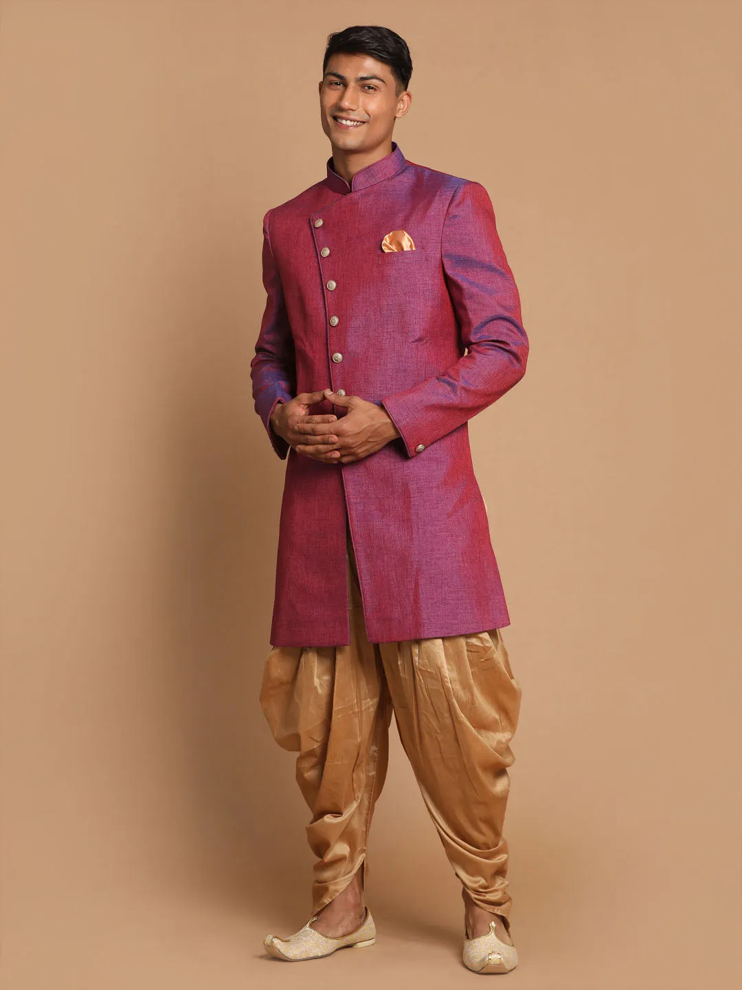 Jashvi Men's Purple And Rose Gold Jute Sherwani Set