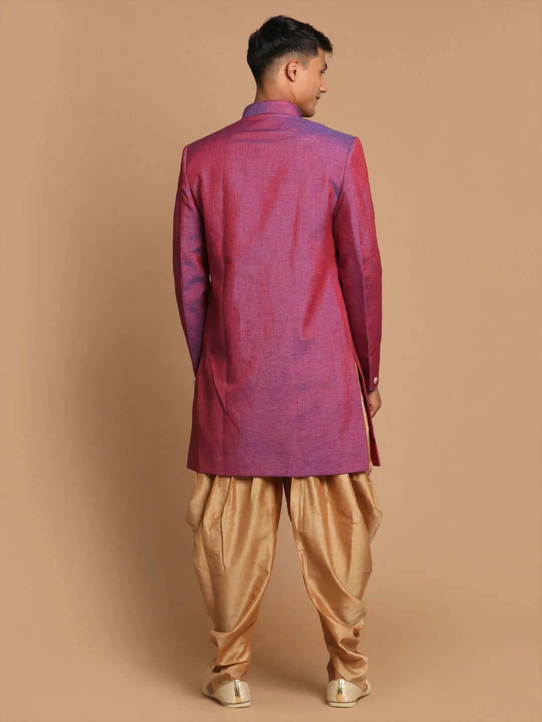 Jashvi Men's Purple And Rose Gold Jute Sherwani Set