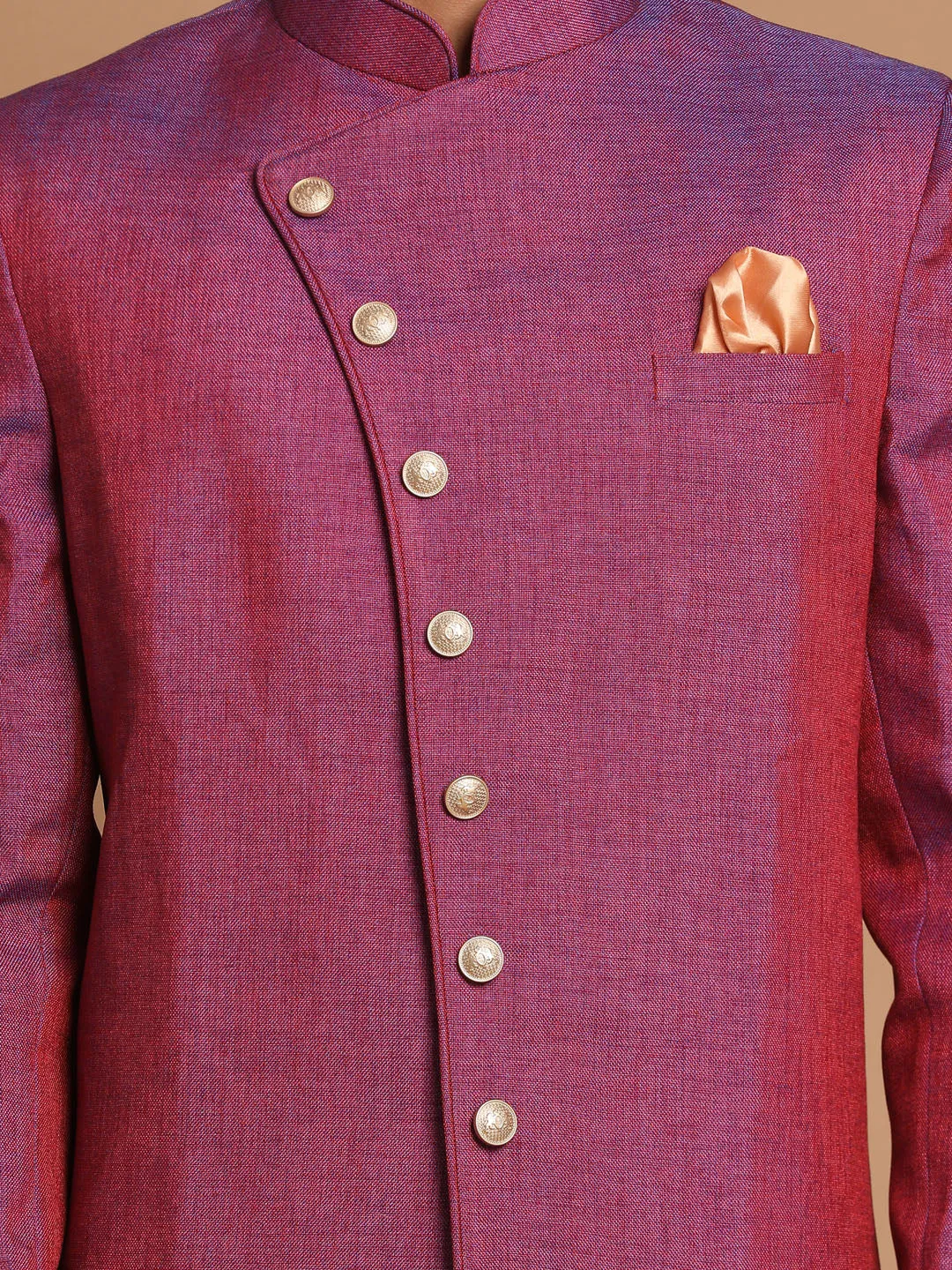 Jashvi Men's Purple And Rose Gold Jute Sherwani Set